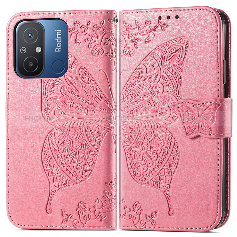 Custodia Portafoglio In Pelle Farfalla Cover con Supporto per Xiaomi Poco C55 Rosa Caldo