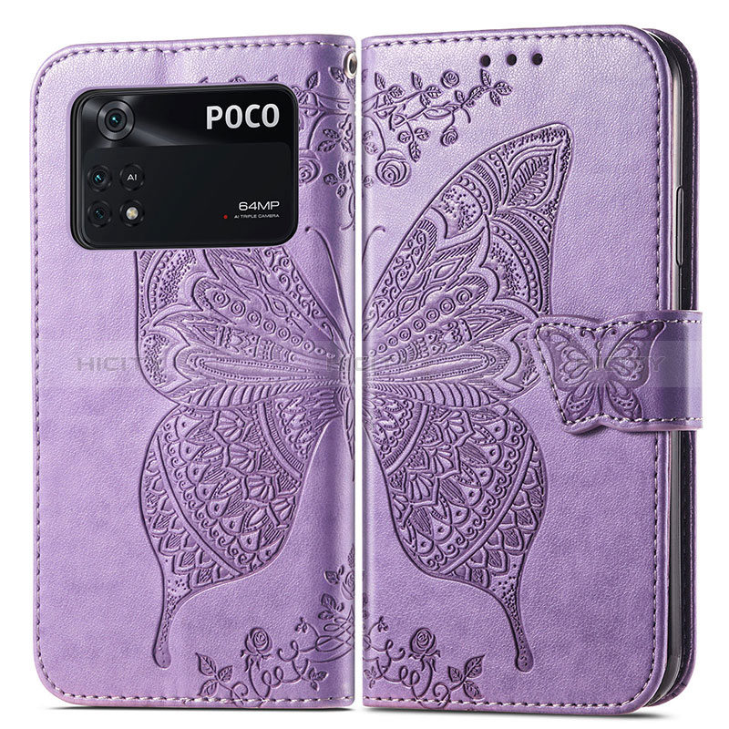 Custodia Portafoglio In Pelle Farfalla Cover con Supporto per Xiaomi Poco M4 Pro 4G Lavanda