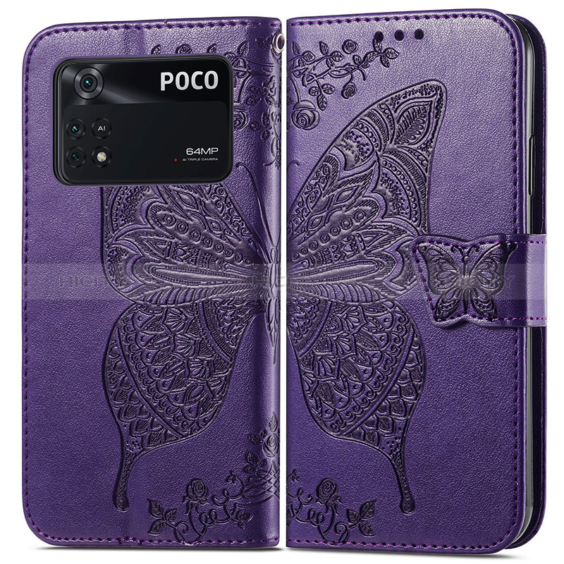 Custodia Portafoglio In Pelle Farfalla Cover con Supporto per Xiaomi Poco M4 Pro 4G Viola