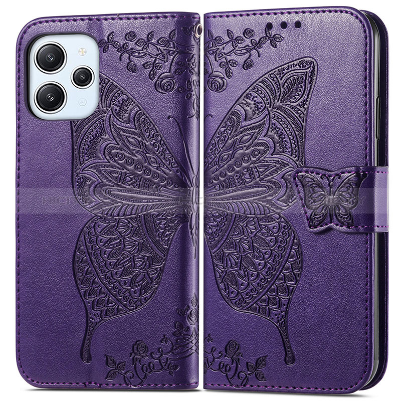 Custodia Portafoglio In Pelle Farfalla Cover con Supporto per Xiaomi Redmi 12 4G Viola