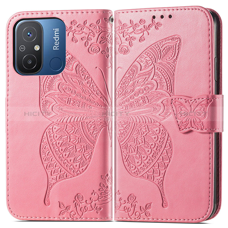 Custodia Portafoglio In Pelle Farfalla Cover con Supporto per Xiaomi Redmi 12C 4G Rosa Caldo