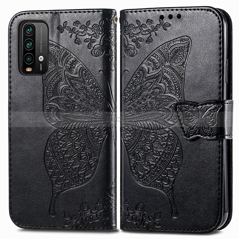 Custodia Portafoglio In Pelle Farfalla Cover con Supporto per Xiaomi Redmi 9T 4G Nero