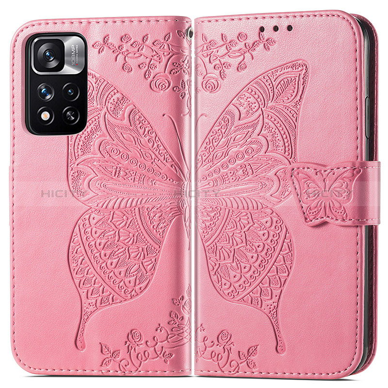 Custodia Portafoglio In Pelle Farfalla Cover con Supporto per Xiaomi Redmi Note 11 Pro+ Plus 5G Rosa Caldo