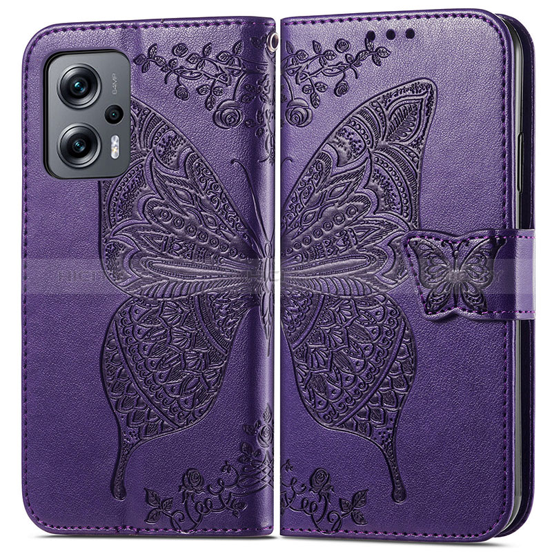 Custodia Portafoglio In Pelle Farfalla Cover con Supporto per Xiaomi Redmi Note 11T Pro 5G Viola