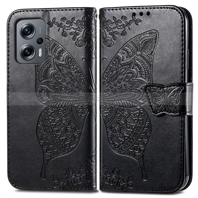 Custodia Portafoglio In Pelle Farfalla Cover con Supporto per Xiaomi Redmi Note 11T Pro+ Plus 5G Nero