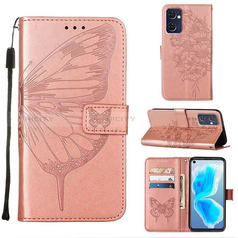 Custodia Portafoglio In Pelle Farfalla Cover con Supporto Y01B per OnePlus Nord CE 2 5G Oro Rosa