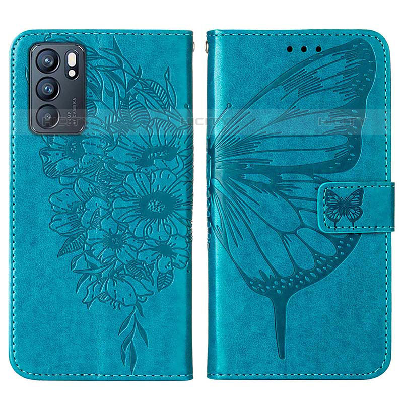 Custodia Portafoglio In Pelle Farfalla Cover con Supporto Y01B per Oppo Reno6 5G Blu