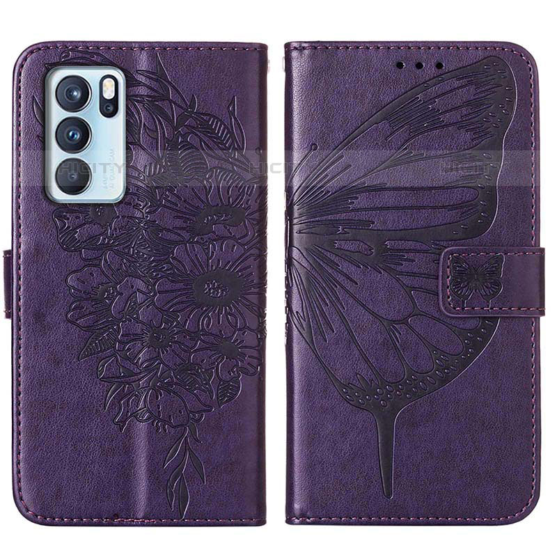 Custodia Portafoglio In Pelle Farfalla Cover con Supporto Y01B per Oppo Reno6 Pro 5G India Viola