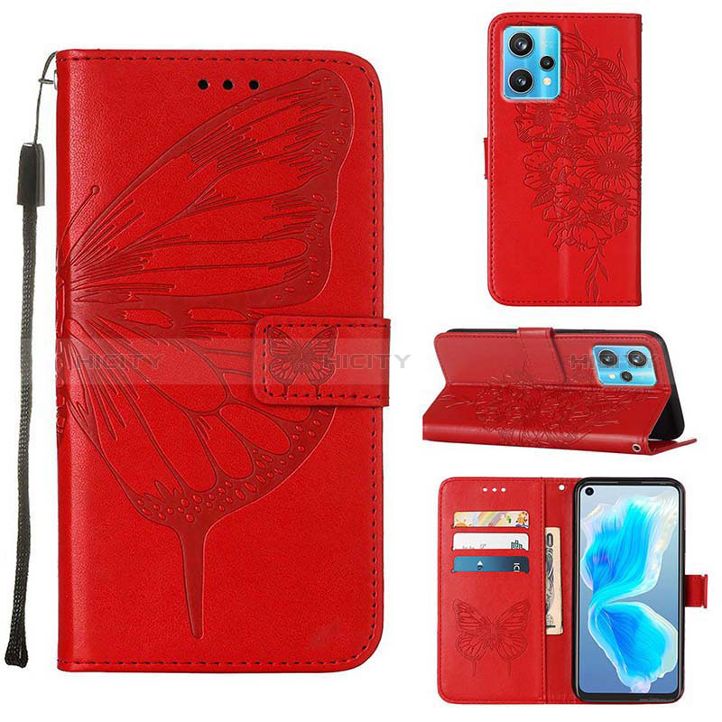 Custodia Portafoglio In Pelle Farfalla Cover con Supporto Y01B per Realme 9 4G Rosso