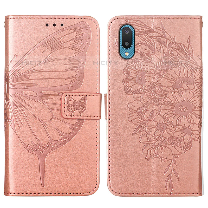 Custodia Portafoglio In Pelle Farfalla Cover con Supporto Y01B per Samsung Galaxy M02 Oro Rosa