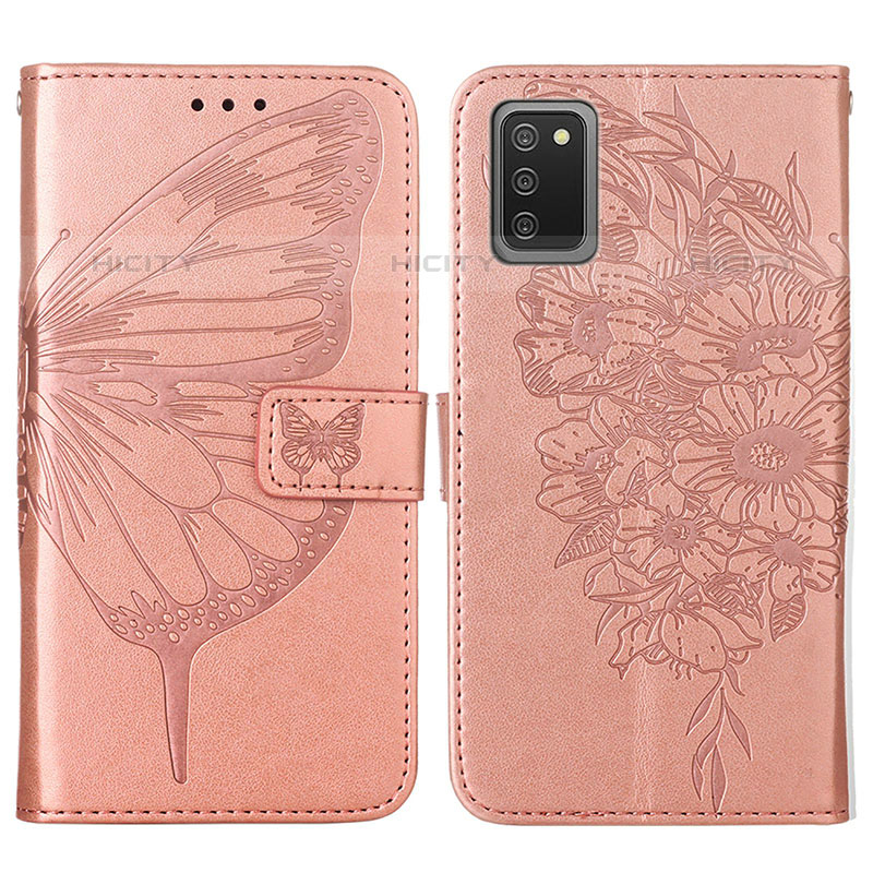 Custodia Portafoglio In Pelle Farfalla Cover con Supporto Y01B per Samsung Galaxy M02s Oro Rosa