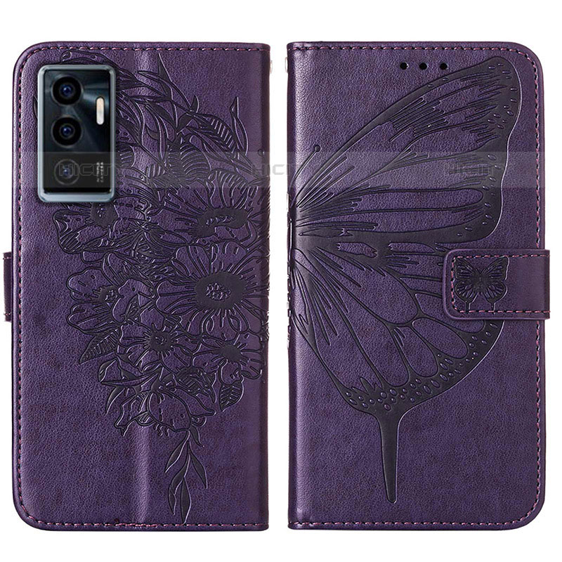 Custodia Portafoglio In Pelle Farfalla Cover con Supporto Y01B per Vivo V23e Viola