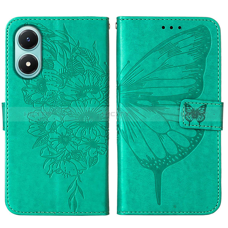 Custodia Portafoglio In Pelle Farfalla Cover con Supporto Y01B per Vivo Y02S Verde