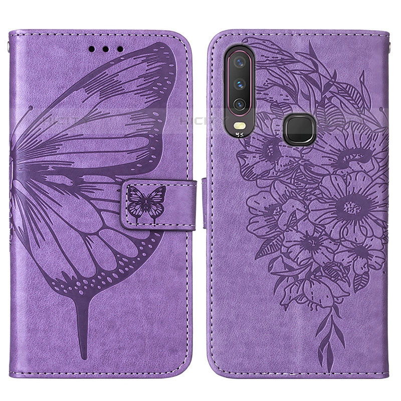 Custodia Portafoglio In Pelle Farfalla Cover con Supporto Y01B per Vivo Y12 Lavanda