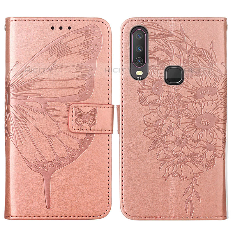 Custodia Portafoglio In Pelle Farfalla Cover con Supporto Y01B per Vivo Y12 Oro Rosa