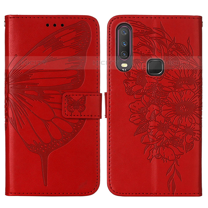 Custodia Portafoglio In Pelle Farfalla Cover con Supporto Y01B per Vivo Y17 Rosso