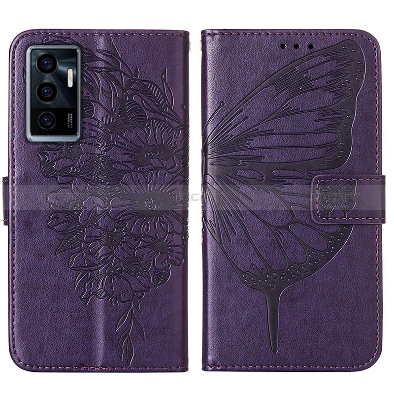 Custodia Portafoglio In Pelle Farfalla Cover con Supporto Y01B per Vivo Y75 4G Viola