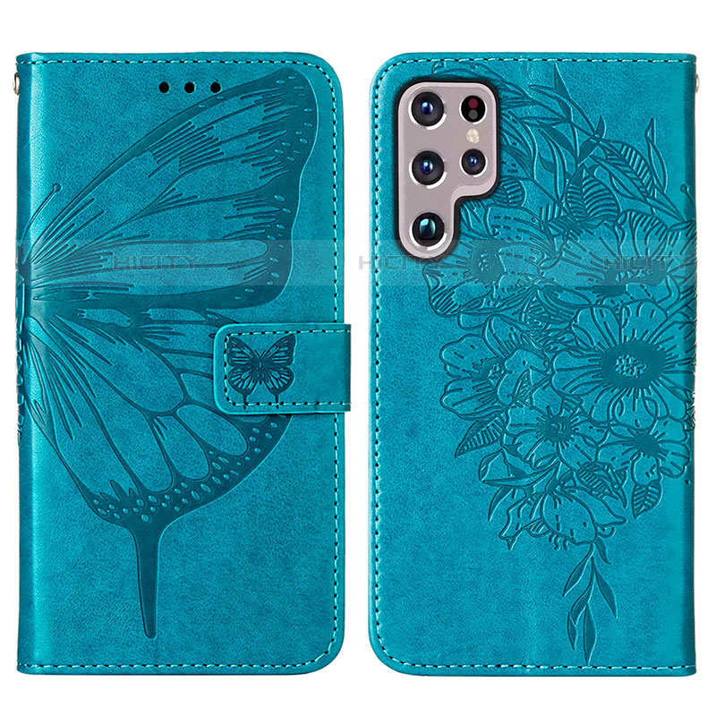 Custodia Portafoglio In Pelle Farfalla Cover con Supporto Y06B per Samsung Galaxy S22 Ultra 5G Blu