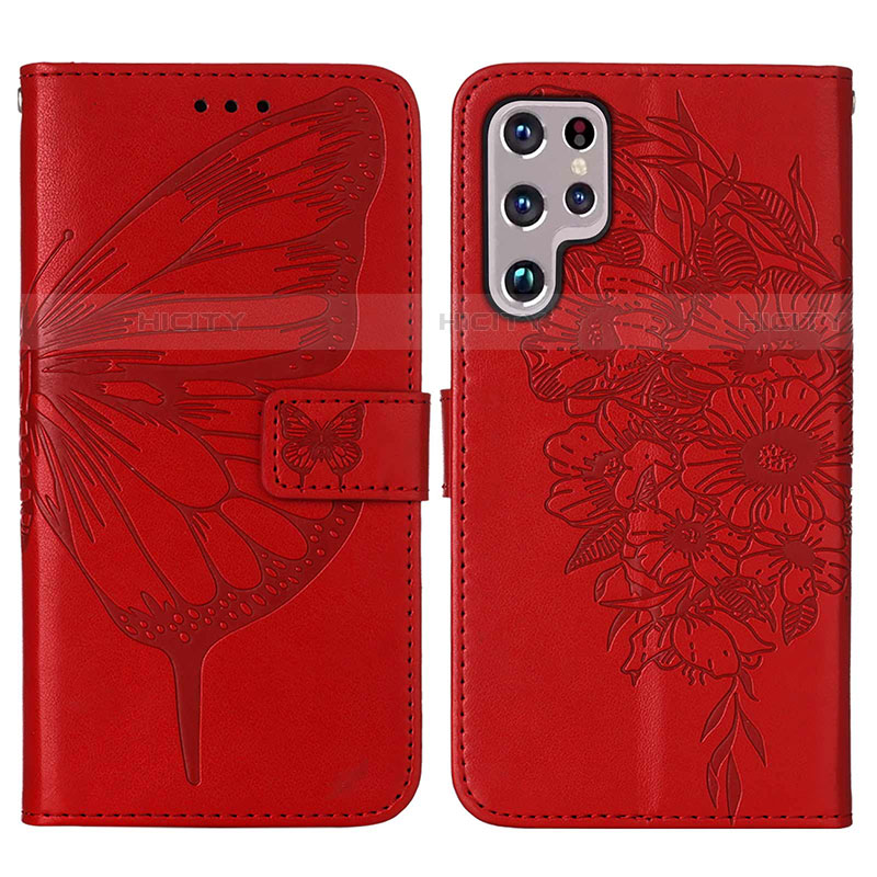 Custodia Portafoglio In Pelle Farfalla Cover con Supporto Y06B per Samsung Galaxy S22 Ultra 5G Rosso