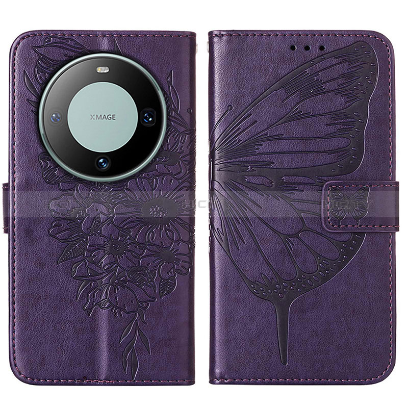 Custodia Portafoglio In Pelle Farfalla Cover con Supporto YB2 per Huawei Mate 60 Pro Viola