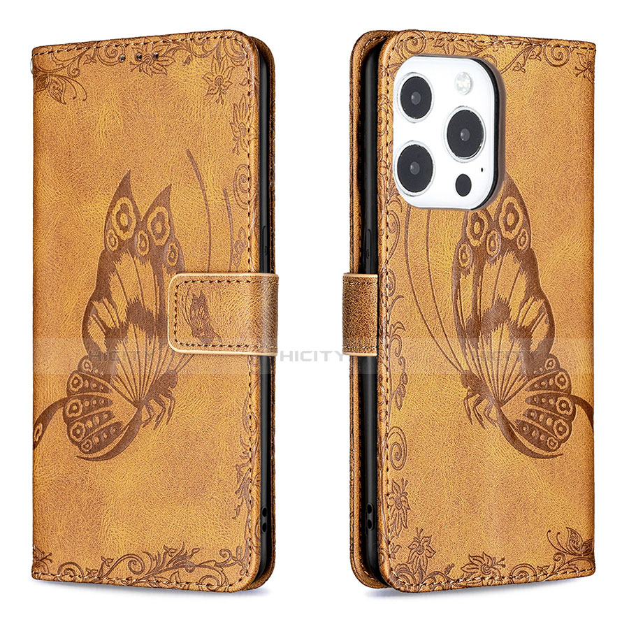 Custodia Portafoglio In Pelle Farfalla Cover con Supporto Z01 per Apple iPhone 14 Pro Marrone