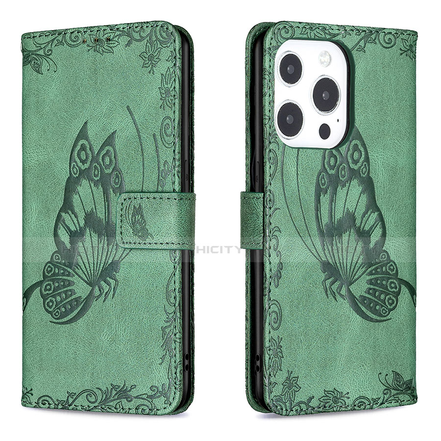 Custodia Portafoglio In Pelle Farfalla Cover con Supporto Z01 per Apple iPhone 14 Pro Verde