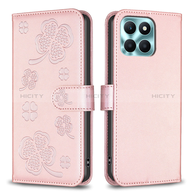 Custodia Portafoglio In Pelle Fiori Cover con Supporto BF1 per Huawei Honor X6a Oro Rosa