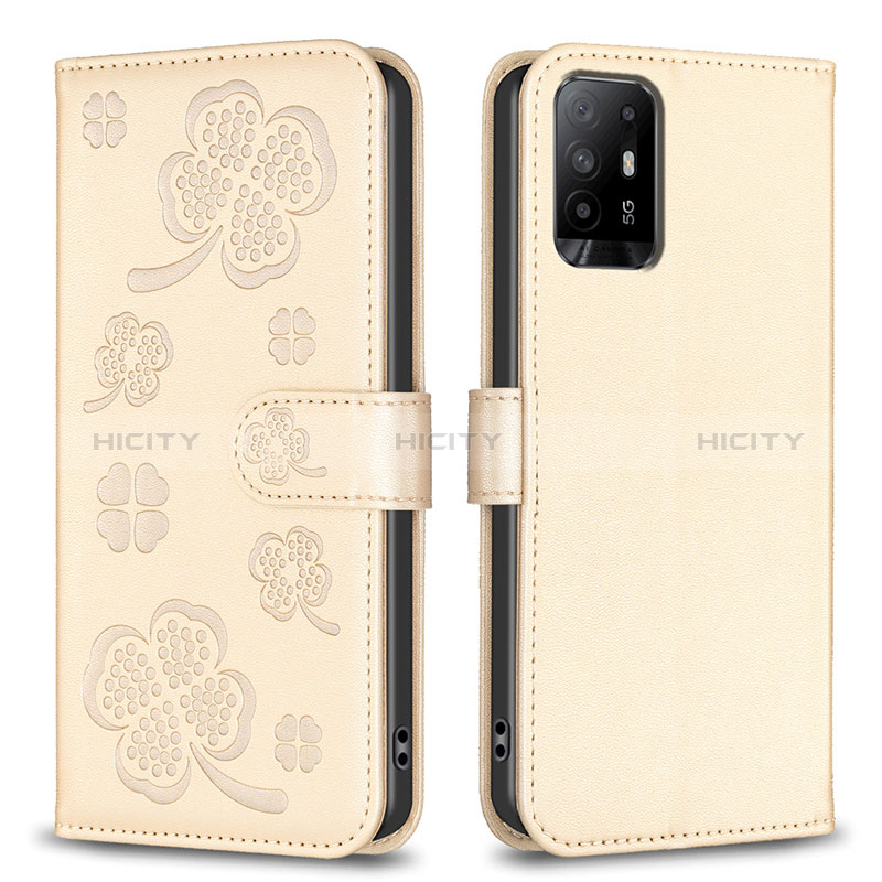 Custodia Portafoglio In Pelle Fiori Cover con Supporto BF1 per Oppo A95 5G Oro