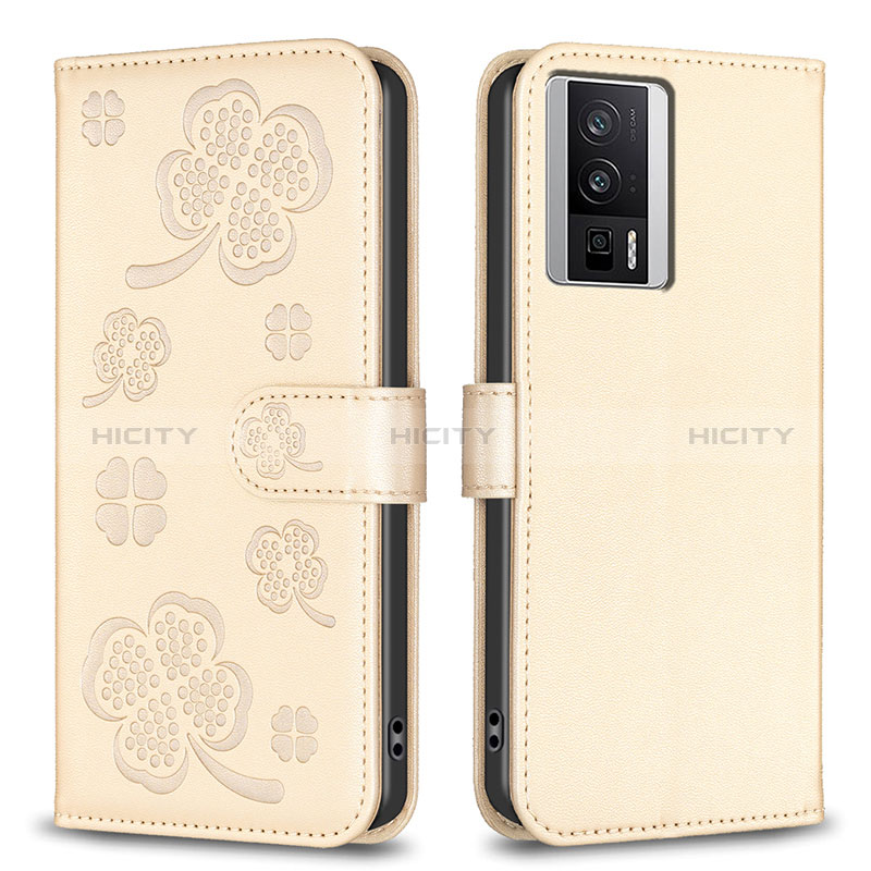 Custodia Portafoglio In Pelle Fiori Cover con Supporto BF2 per Xiaomi Redmi K60 5G Oro