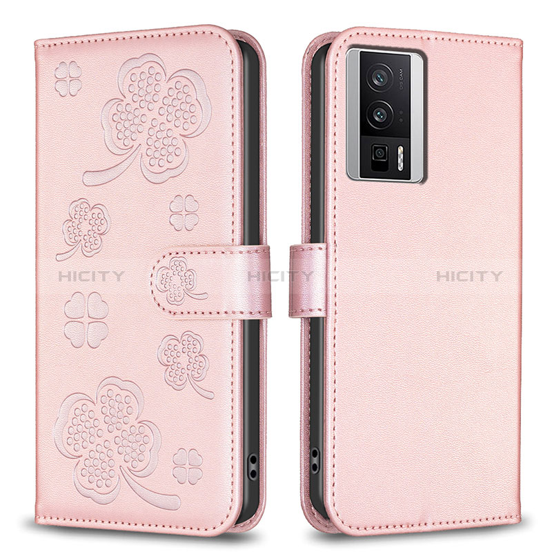 Custodia Portafoglio In Pelle Fiori Cover con Supporto BF2 per Xiaomi Redmi K60 Pro 5G Oro Rosa