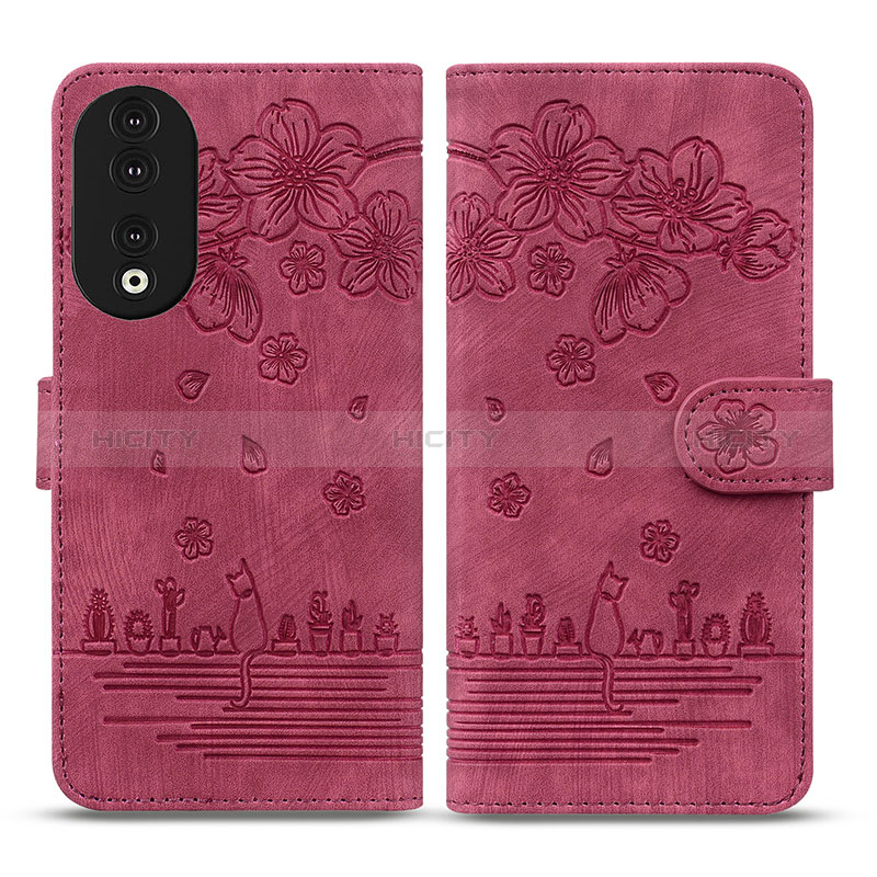 Custodia Portafoglio In Pelle Fiori Cover con Supporto HF1 per Huawei Honor 90 5G Rosso