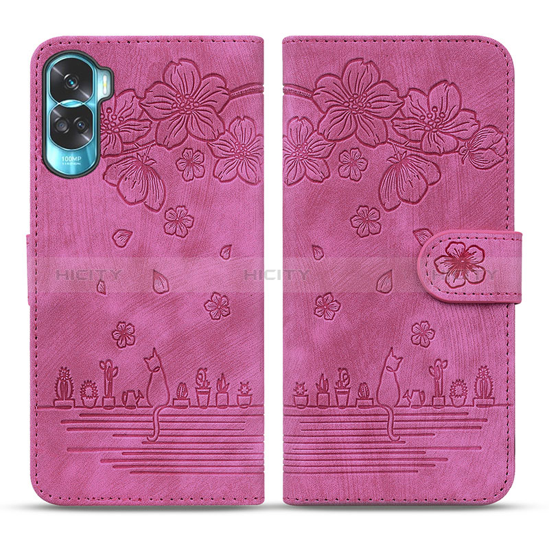 Custodia Portafoglio In Pelle Fiori Cover con Supporto HF2 per Huawei Honor 90 Lite 5G Rosa Caldo