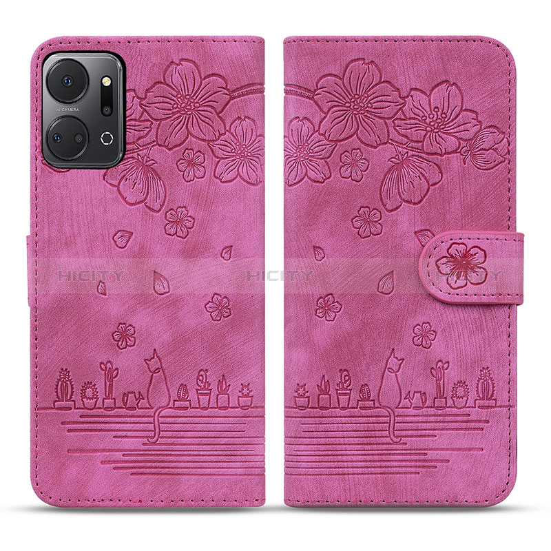 Custodia Portafoglio In Pelle Fiori Cover con Supporto HF2 per Huawei Honor X7a Rosa Caldo