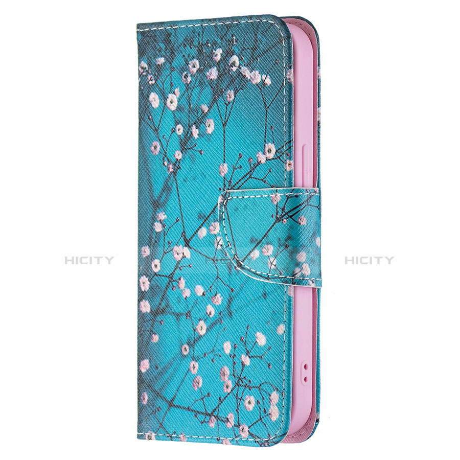 Custodia Portafoglio In Pelle Fiori Cover con Supporto L01 per Apple iPhone 13 Ciano