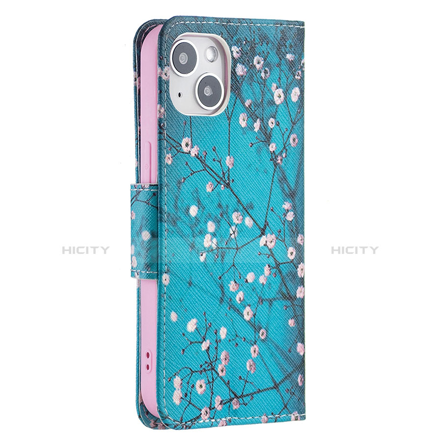 Custodia Portafoglio In Pelle Fiori Cover con Supporto L01 per Apple iPhone 13 Ciano