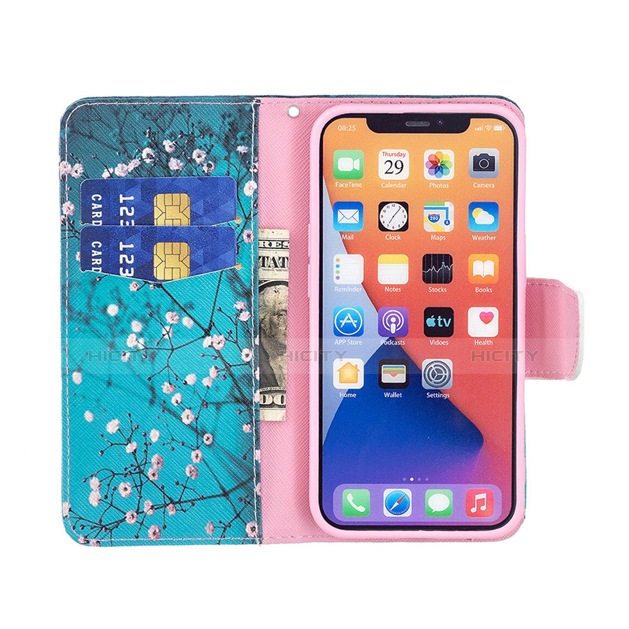 Custodia Portafoglio In Pelle Fiori Cover con Supporto L01 per Apple iPhone 13 Ciano