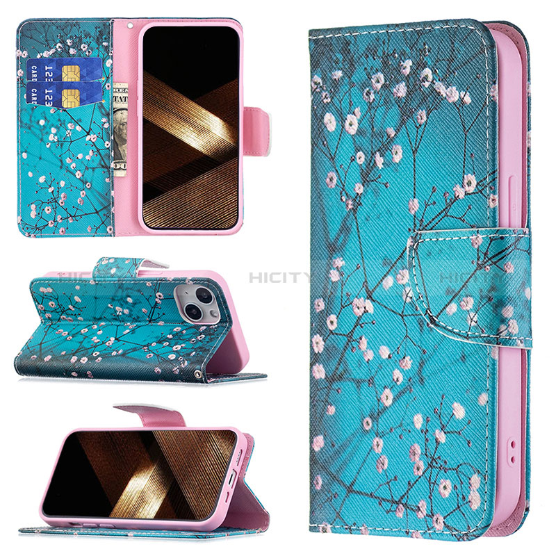 Custodia Portafoglio In Pelle Fiori Cover con Supporto L01 per Apple iPhone 15 Ciano