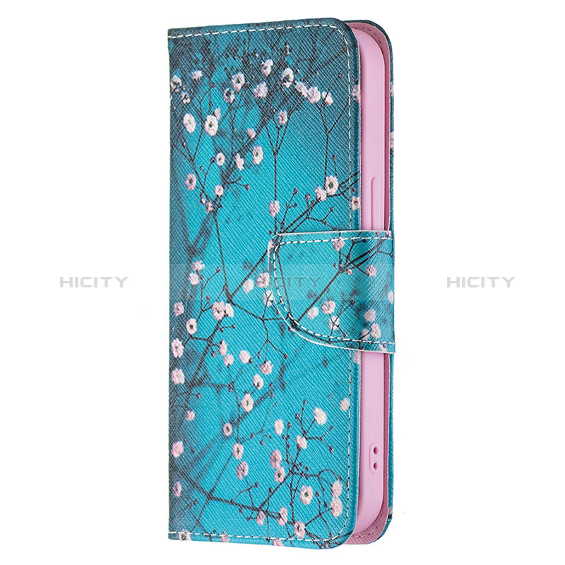 Custodia Portafoglio In Pelle Fiori Cover con Supporto L01 per Apple iPhone 15 Ciano