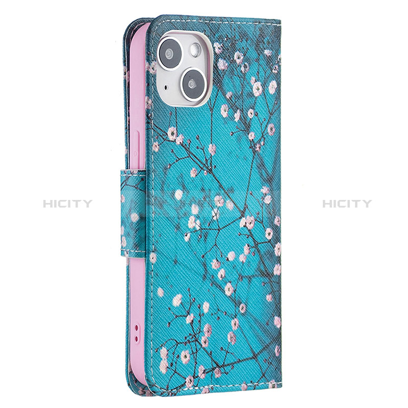 Custodia Portafoglio In Pelle Fiori Cover con Supporto L01 per Apple iPhone 15 Ciano