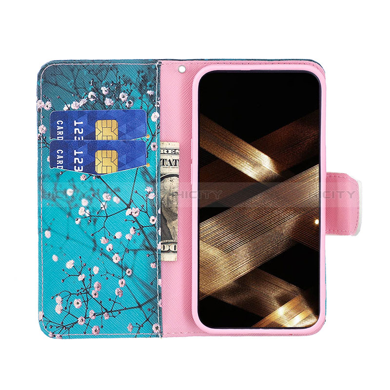 Custodia Portafoglio In Pelle Fiori Cover con Supporto L01 per Apple iPhone 15 Ciano