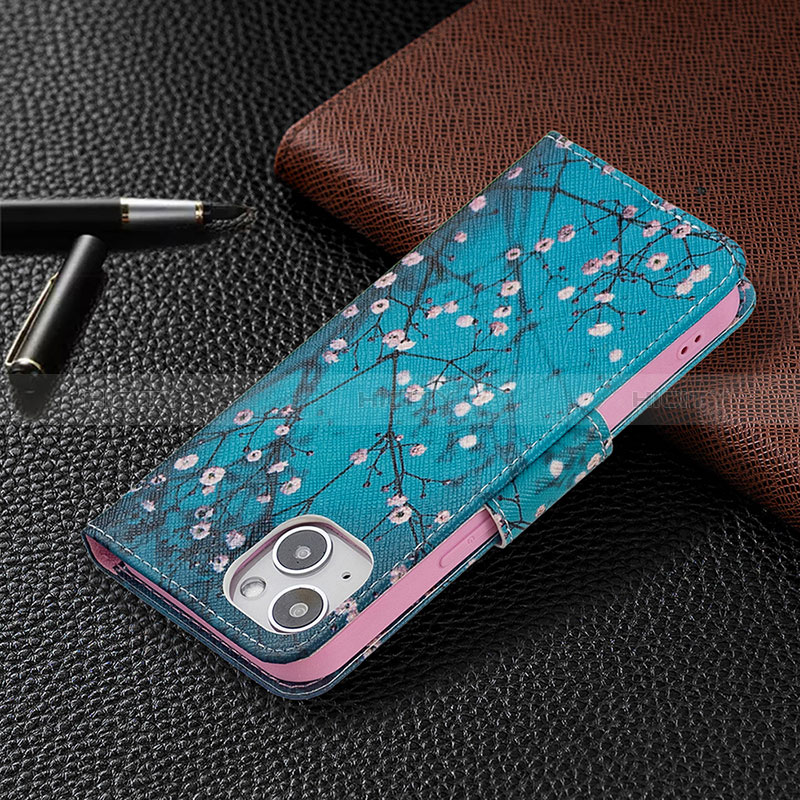 Custodia Portafoglio In Pelle Fiori Cover con Supporto L01 per Apple iPhone 15 Ciano