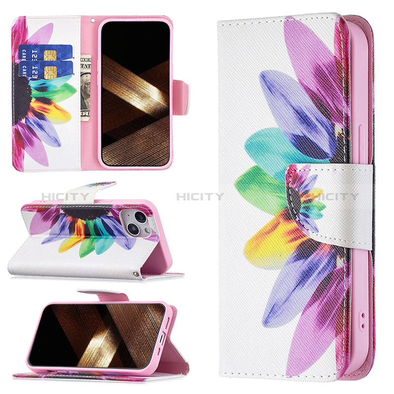 Custodia Portafoglio In Pelle Fiori Cover con Supporto L01 per Apple iPhone 15 Plus Colorato