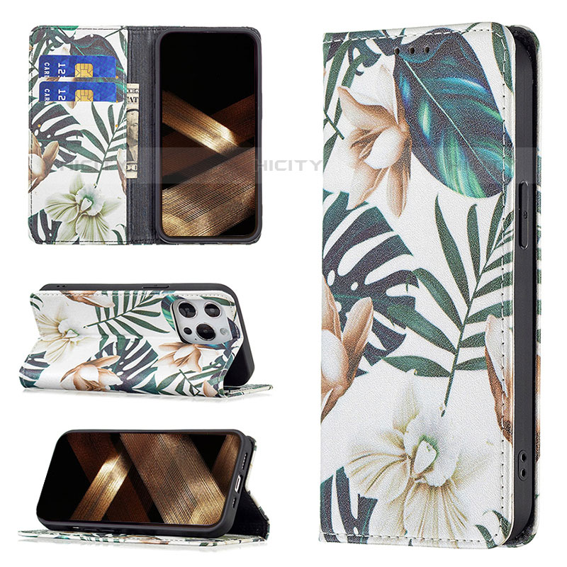 Custodia Portafoglio In Pelle Fiori Cover con Supporto L01 per Apple iPhone 15 Pro Max Multicolore