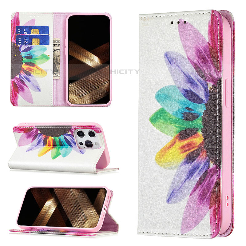 Custodia Portafoglio In Pelle Fiori Cover con Supporto L01 per Apple iPhone 15 Pro Max Rosa