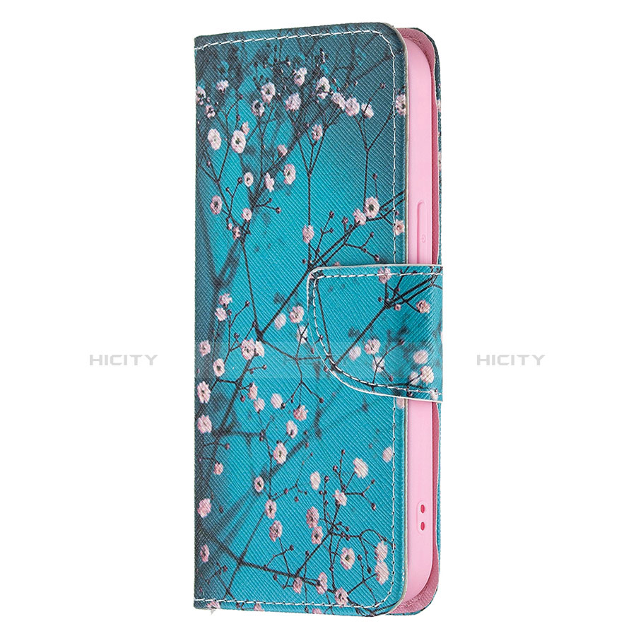 Custodia Portafoglio In Pelle Fiori Cover con Supporto L02 per Apple iPhone 13 Pro Ciano