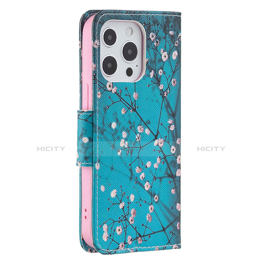 Custodia Portafoglio In Pelle Fiori Cover con Supporto L02 per Apple iPhone 13 Pro Ciano