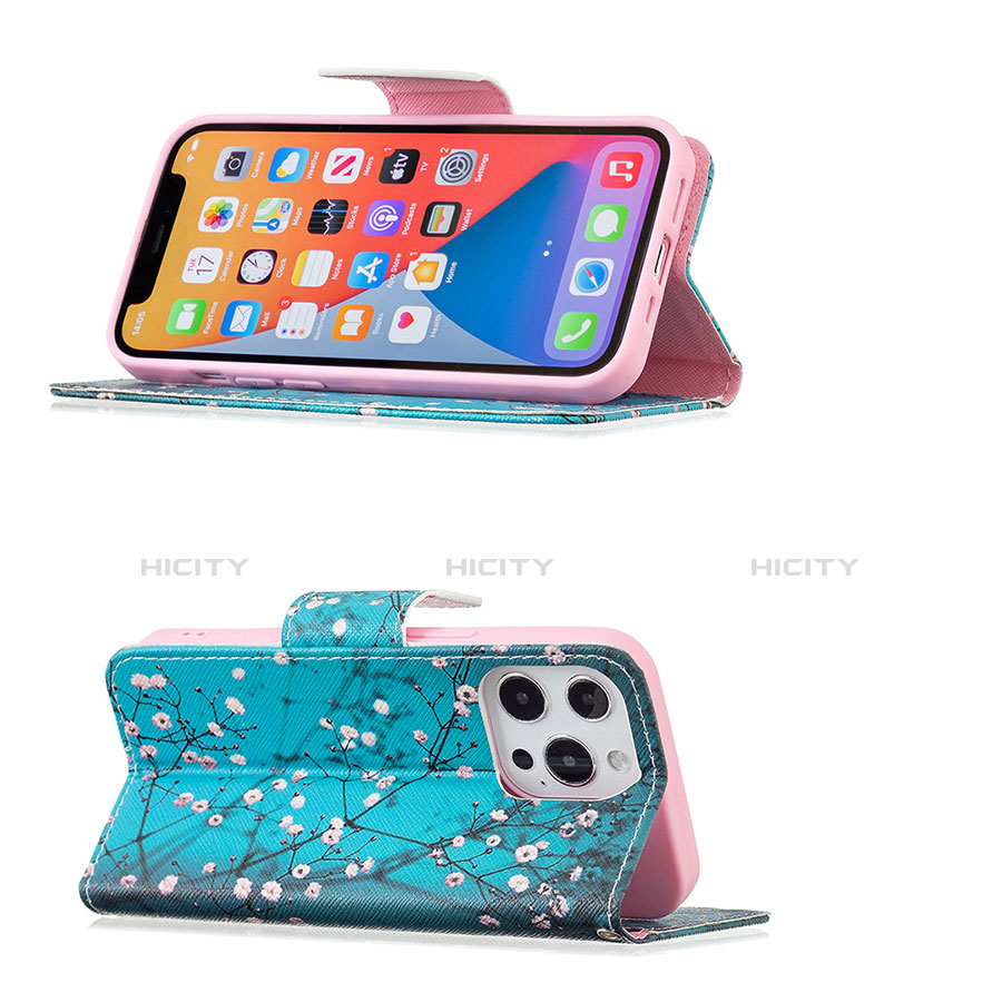 Custodia Portafoglio In Pelle Fiori Cover con Supporto L02 per Apple iPhone 13 Pro Ciano