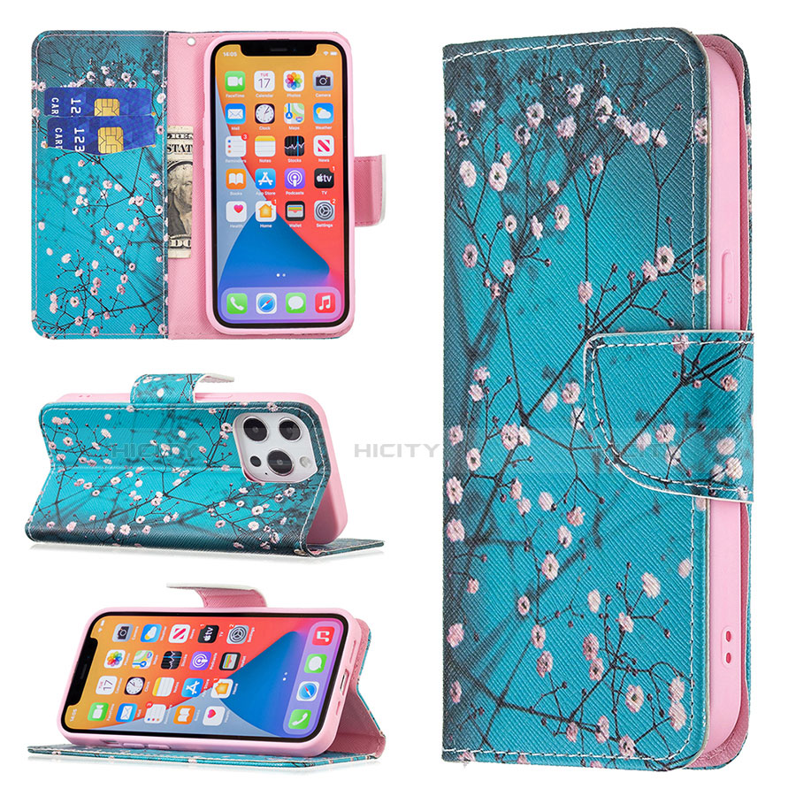 Custodia Portafoglio In Pelle Fiori Cover con Supporto L02 per Apple iPhone 13 Pro Max Ciano