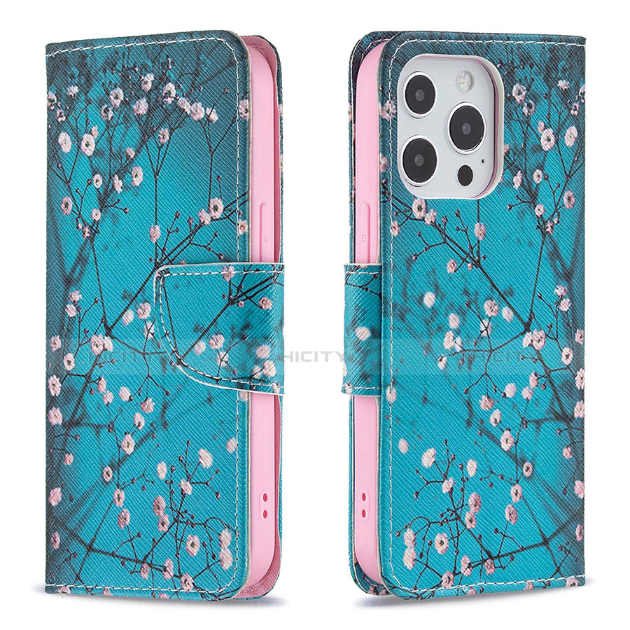 Custodia Portafoglio In Pelle Fiori Cover con Supporto L02 per Apple iPhone 13 Pro Max Ciano