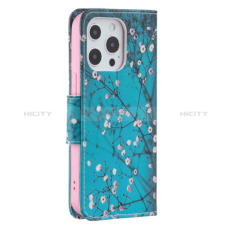 Custodia Portafoglio In Pelle Fiori Cover con Supporto L02 per Apple iPhone 14 Pro Ciano